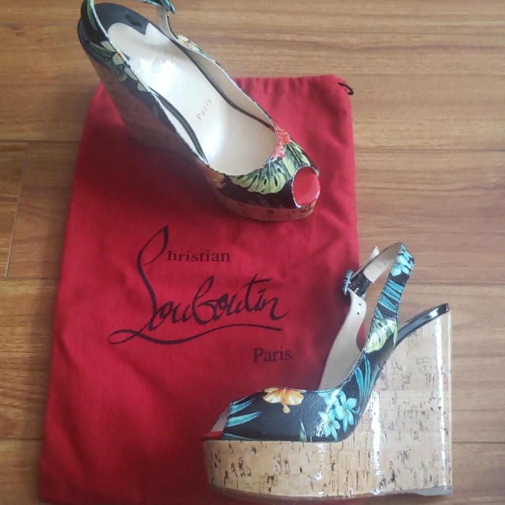 Christian Louboutin Black Floral Cork Wedge Sandals